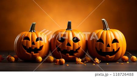 Closeup of Carved Halloween Pumpkins - AI Generated Image Closeup of Carved Halloween Pumpkins - AI Generated Image 118726488