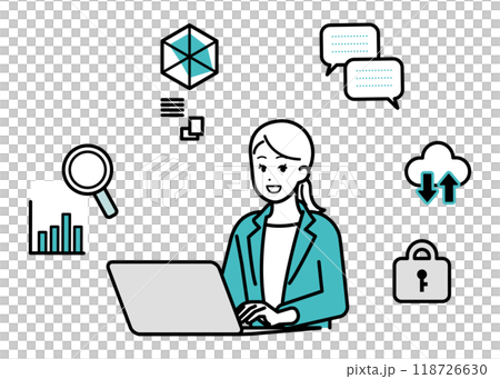 Illustration of a female business person operating a computer 118726630