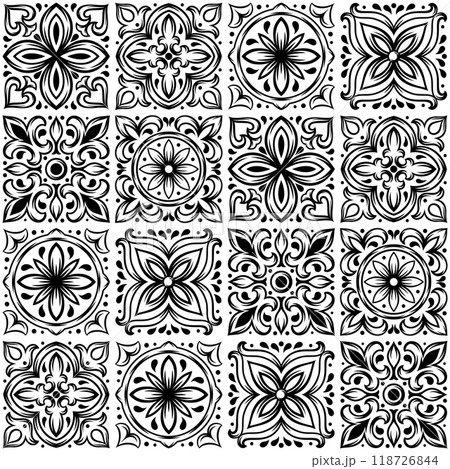 Portuguese ceramic tile pattern. Mediterranean traditional ornament. Italian or spanish majolica. Portuguese ceramic tile pattern. Mediterranean traditional ornament. Italian or spanish majolica. 118726844