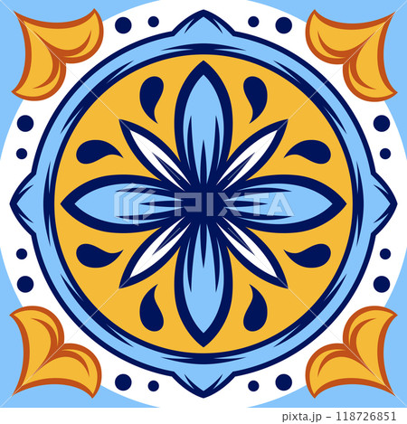 Portuguese ceramic tile pattern. Mediterranean traditional ornament. Italian or spanish majolica. Portuguese ceramic tile pattern. Mediterranean traditional ornament. Italian or spanish majolica. 118726851