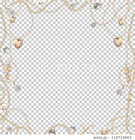 Square frame with chains, pendants, charms, rings in realistic style. Isolated watercolor illustration for magazine design, web pages, jewelry blogs, fair and sales posters Square frame with chains, pendants, charms, rings in realistic style. Isolated watercolor illustration for magazine design, web pages, jewelry blogs, fair and sales posters 118728063