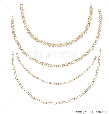 Set of curved semicircle chains in realistic style. Isolated watercolor illustration for design of magazines, web pages, jewelry blogs, fair and sales posters Set of curved semicircle chains in realistic style. Isolated watercolor illustration for design of magazines, web pages, jewelry blogs, fair and sales posters 118728064