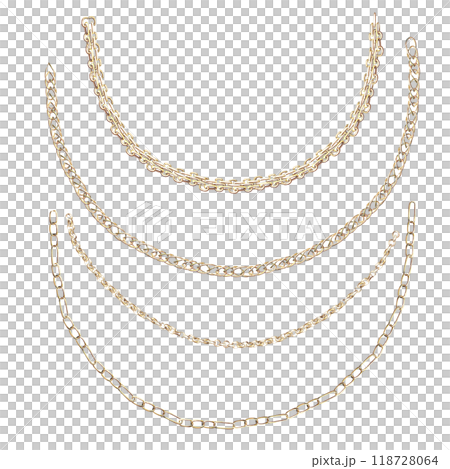 Set of curved semicircle chains in realistic style. Isolated watercolor illustration for design of magazines, web pages, jewelry blogs, fair and sales posters Set of curved semicircle chains in realistic style. Isolated watercolor illustration for design of magazines, web pages, jewelry blogs, fair and sales posters 118728064
