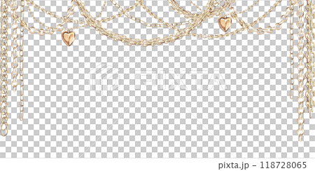 Rectangular frame with curved chains, pendants and bracelets in realistic style. Isolated watercolor illustration for magazine design, web pages, jewelry blogs, fair and sales posters Rectangular frame with curved chains, pendants and bracelets in realistic style. Isolated watercolor illustration for magazine design, web pages, jewelry blogs, fair and sales posters 118728065