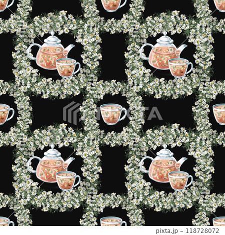 Seamless pattern with transparent teapot and chamomile wreaths on black background. Watercolor illustration for packaging design, coffee shops, advertising of ecological products 118728072