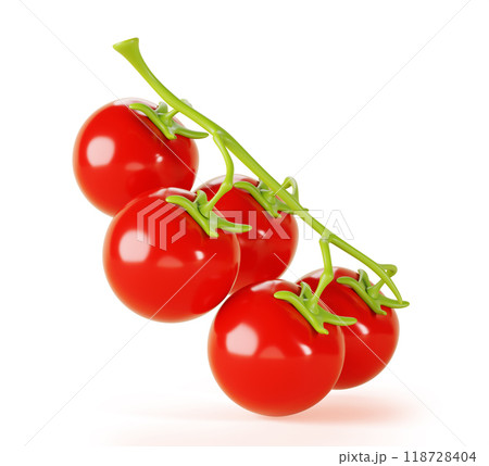 3d tomato cherry on branch render icon. Red tomatoes with green stalk, design element isolated on white background. Realistic pomodoro bunch, raw organic farm vegetable, healthy food. 3D illustration 3d tomato cherry on branch render icon. Red tomatoes with green stalk, design element isolated on white background. Realistic pomodoro bunch, raw organic farm vegetable, healthy food. 3D illustration 118728404