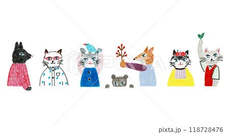 手書きイラスト　テーブルに並んで座る動物たち 118728476