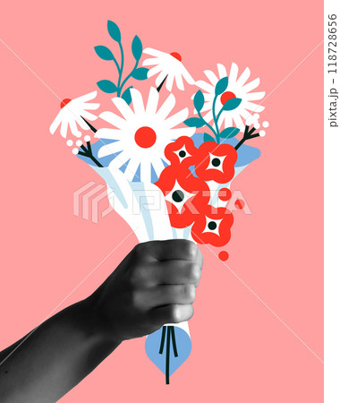 Hand with pink flowers bouquet in collage vector card illustration 118728656