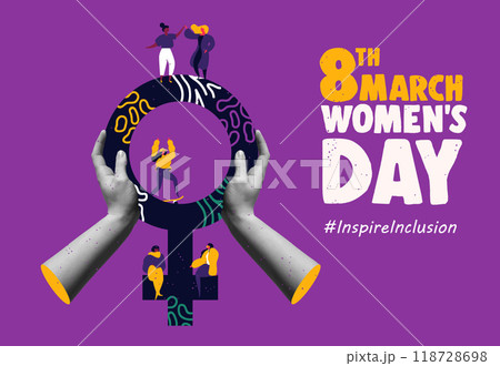 Women together on female symbol and hands in collage vector illustration Women together on female symbol and hands in collage vector illustration 118728698