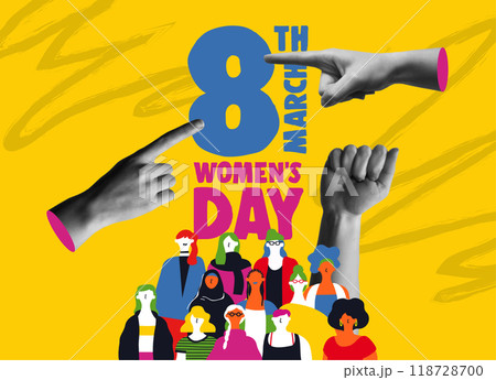 Womens Day together and hands in retro collage vector illustration Womens Day together and hands in retro collage vector illustration 118728700