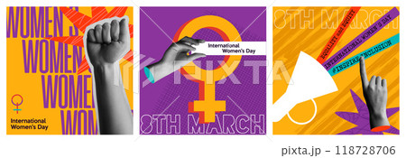 Womens Day 8th march in trendy collage mixed media 90s collection design Womens Day 8th march in trendy collage mixed media 90s collection design 118728706