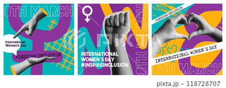 International Womens Day 8th march inspire and incluison collage illustration set International Womens Day 8th march inspire and incluison collage illustration set 118728707