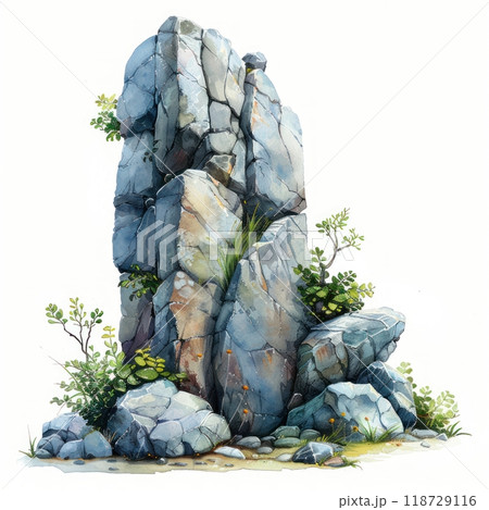 A large, weathered rock formation with cracks and crevices, surrounded by smaller rocks and greenery. 118729116