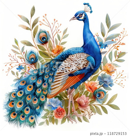 A vibrant peacock with its tail feathers spread stands amidst a colorful floral arrangement. 118729153