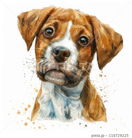 A watercolor painting of a cute brown and white puppy with big brown eyes. 118729225