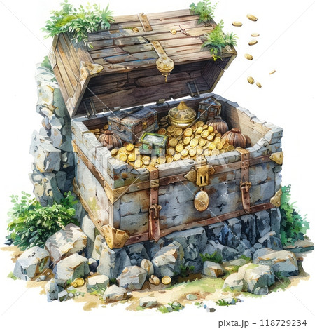 A weathered wooden chest overflowing with gold coins, spilling onto the rocky ground. The chest is half-buried in the earth, suggesting it's been forgotten for many years. 118729234