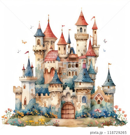 A whimsical watercolor illustration of a fairytale castle with multiple towers, surrounded by a lush green landscape and blooming flowers. A whimsical watercolor illustration of a fairytale castle with multiple towers, surrounded by a lush green landscape and blooming flowers. 118729265