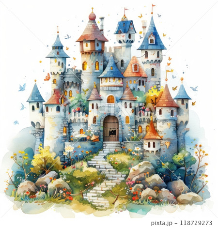 A whimsical watercolor painting of a fairytale castle with stone walls, towers, and a grand entrance. The castle is surrounded by lush greenery, flowers, and flying butterflies. 118729273
