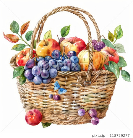 A wicker basket overflowing with ripe apples and grapes, with a blue butterfly perched on the rim.  A delightful autumn harvest scene. 118729277
