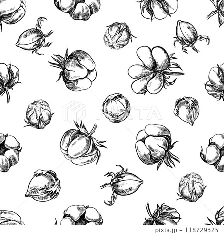 The cotton is organic. Seamless black and white pattern, graphic vector illustrations in the form of cotton boxes. On a white background. For packaging, textiles, labels and printing. The cotton is organic. Seamless black and white pattern, graphic vector illustrations in the form of cotton boxes. On a white background. For packaging, textiles, labels and printing. 118729325