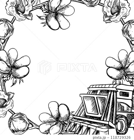 Cotton harvester. A black and white vector graphic illustration made by hand. A stylized composition of a modern cotton harvester used in agriculture and cotton twigs. The design element. Cotton harvester. A black and white vector graphic illustration made by hand. A stylized composition of a modern cotton harvester used in agriculture and cotton twigs. The design element. 118729326