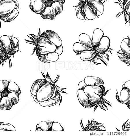 The cotton is organic. Seamless black and white pattern, graphic vector illustrations in the form of cotton boxes. On a white background. For packaging, textiles, labels and printing. 118729405