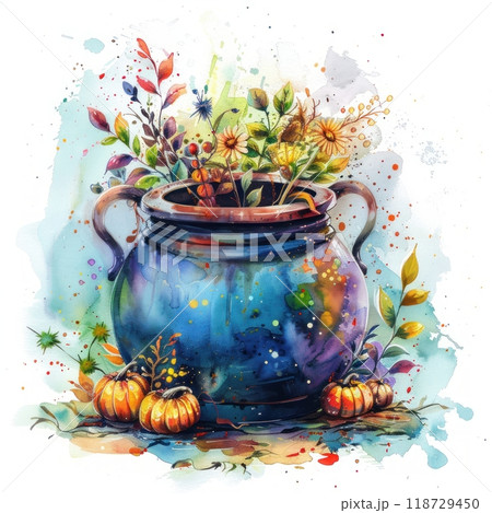 Watercolor painting of a blue pot with autumn flowers and pumpkins. 118729450