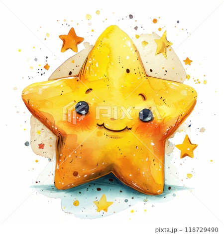 A cheerful yellow cartoon star with a big smile and sparkling eyes, surrounded by smaller stars. 118729490