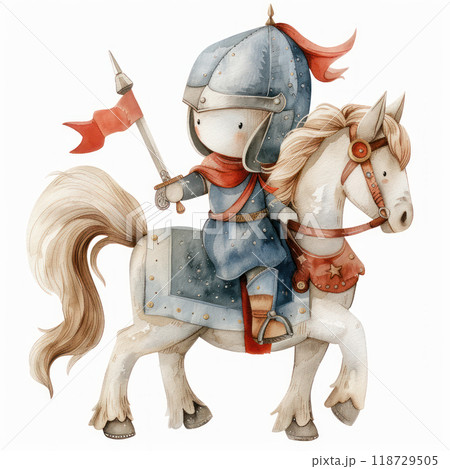 A cute cartoon knight in blue armor rides a white horse with a red flag.  The knight holds a spear.  This watercolor illustration is perfect for children's books or other projects. A cute cartoon knight in blue armor rides a white horse with a red flag.  The knight holds a spear.  This watercolor illustration is perfect for children's books or other projects. 118729505