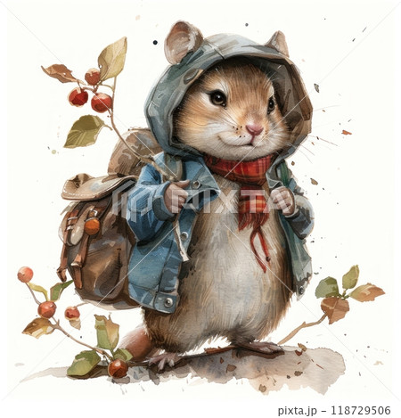 A cute cartoon mouse wearing a jacket, backpack, and scarf, standing next to a plant with berries. A cute cartoon mouse wearing a jacket, backpack, and scarf, standing next to a plant with berries. 118729506