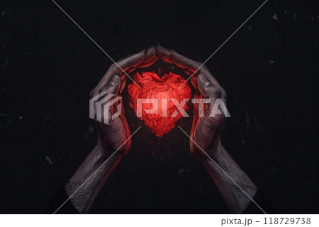 Two hands cradling a glowing red heart against a dark background. 118729738