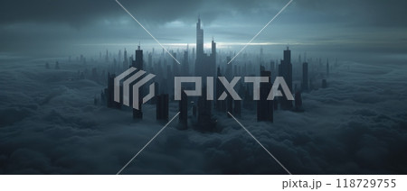 A city of skyscrapers emerges from a sea of clouds. A city of skyscrapers emerges from a sea of clouds. 118729755