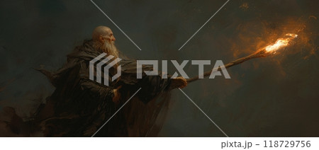 A cloaked figure holds a flaming staff, casting a warm glow in the darkness. 118729756
