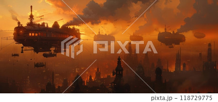 A futuristic city with flying airships and a sunset sky. 118729775