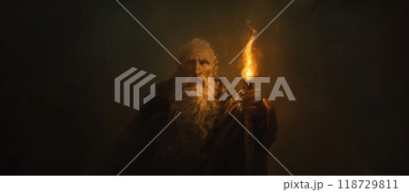 A mysterious, elderly man with a long beard holds a flickering torch in a dark room. 118729811