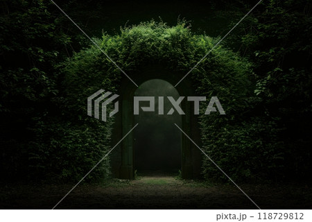 A mysterious archway of lush greenery leads into a dark, shadowy forest. 118729812