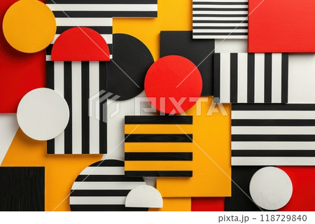 Abstract geometric shapes in black, white, red, and yellow. Stripes, circles, and squares create a modern design. Abstract geometric shapes in black, white, red, and yellow. Stripes, circles, and squares create a modern design. 118729840