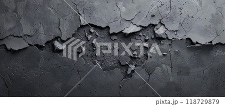 Cracked and weathered dark grey concrete wall texture. 118729879