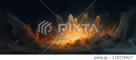 Glowing crystal formations in a mystical landscape. Glowing crystal formations in a mystical landscape. 118729927