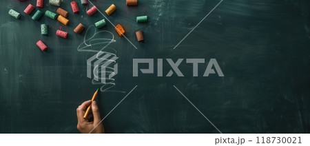 Chalkboard with colorful chalk pieces close up, focus on, copy space vivid and detailed, Double exposure silhouette with teacher writing 118730021