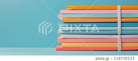 Colorful notebooks and binders in a classroom close up, focus on, copy space bright and organized, Double exposure silhouette with school environment 118730123