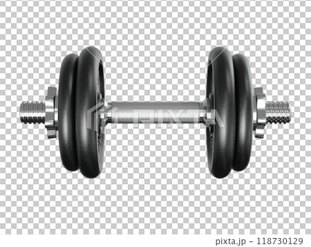 Black adjustable dumbbell, weightlifting gym equipment, side view 118730129