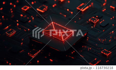 A glowing red email icon on a dark, digital background representing communication and technology. 118730218