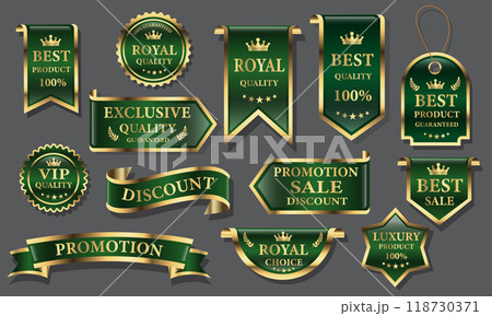 Green golden luxury premium quality label badges on grey background vector Green golden luxury premium quality label badges on grey background vector 118730371