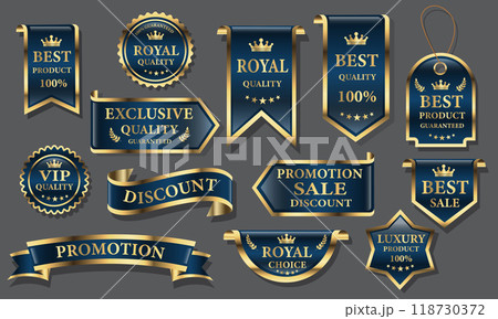 Blue golden luxury premium quality label badges on grey background vector 118730372