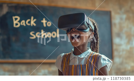 Happy African schoolgirl in virtual reality glasses stands at blackboard in classroom, Inscription Back to school 118730385