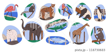 Vector set of zoo animals with bird, mammal, fish Vector set of zoo animals with bird, mammal, fish 118730683
