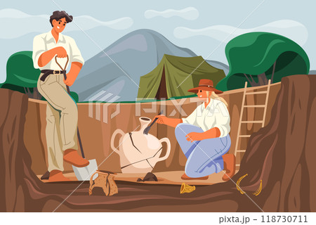 Archaeologist at worksite uncovering vase. Vector Archaeologist at worksite uncovering vase. Vector 118730711