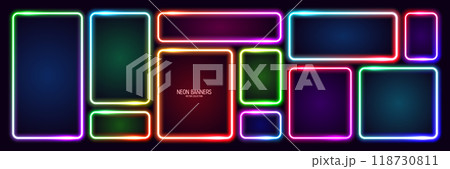 Colorful glowing neon banners, illuminated square frames. Shiny vibrant border, glow effect. Purple vintage retro lights, night illumination. Modern futuristic UI design elements. Vector illustration Colorful glowing neon banners, illuminated square frames. Shiny vibrant border, glow effect. Purple vintage retro lights, night illumination. Modern futuristic UI design elements. Vector illustration 118730811