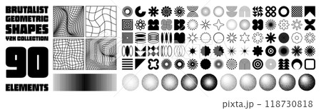 Brutalist geometric shapes, modern symbols. Groovy checkered pattern, distorted tiled grid. Simple elements, forms. Retro design, trendy contemporary minimalist style, y2k. Vector illustration 118730818